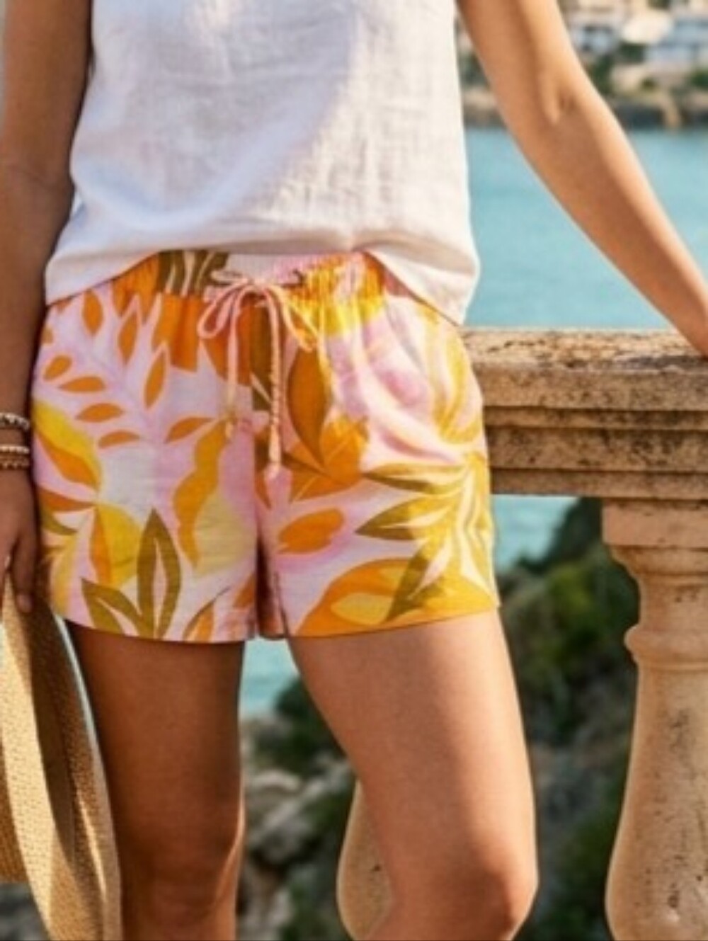 C&C 100% Linen California Pink & Yellow Tropical Drawstring Shorts